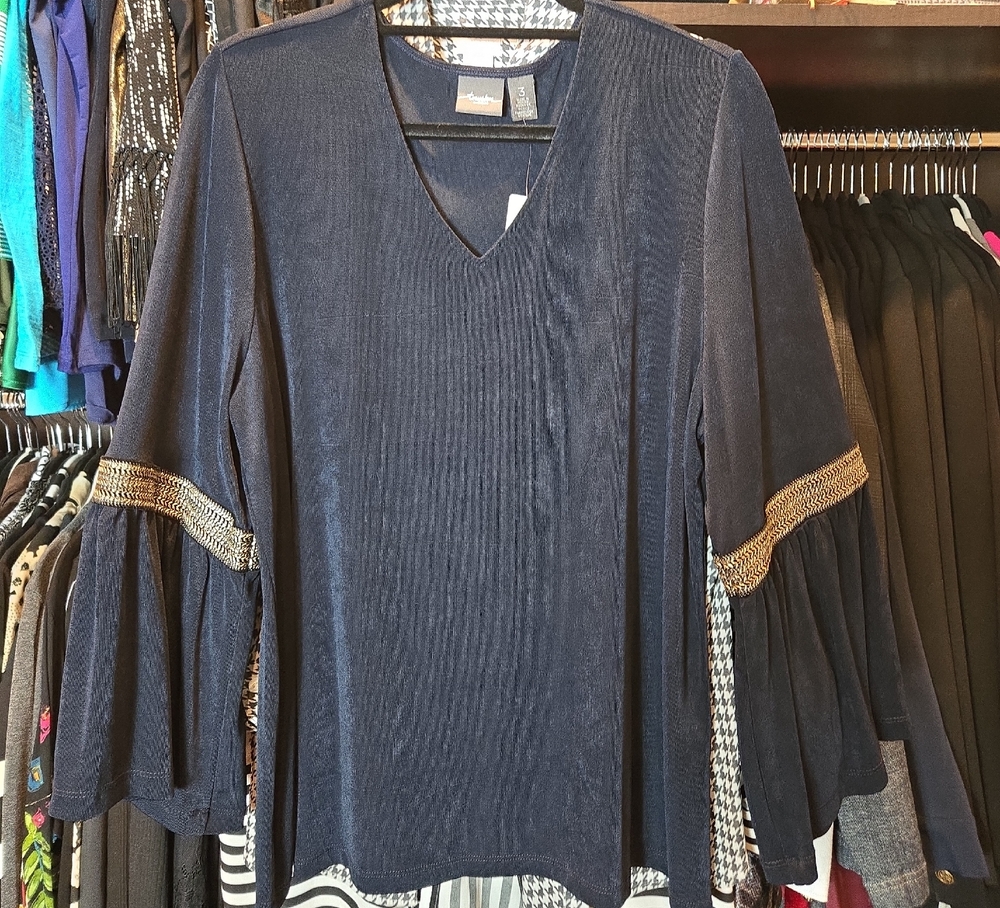 Travelers By Chicos Navy Knit Top with Gold Trim
